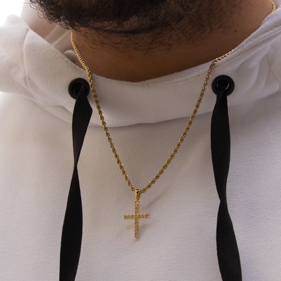 Mini Micro 14K Gold Iced Cz Cross Pendant Chain - Picture 4 of 4